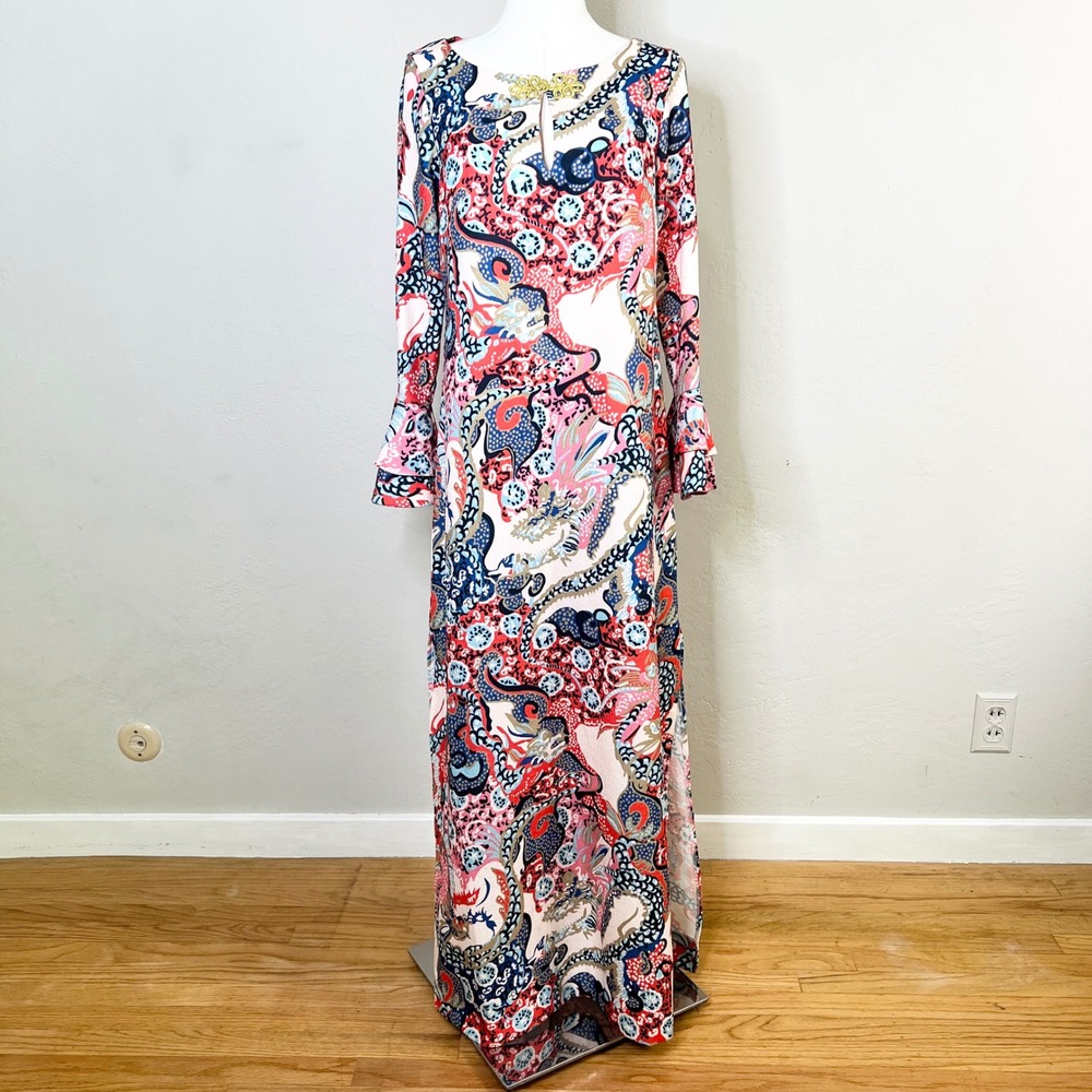 CK Bradley Dress Dragon Print Maxi Size Small Pink Blue Bell Sleeve Frog Knot